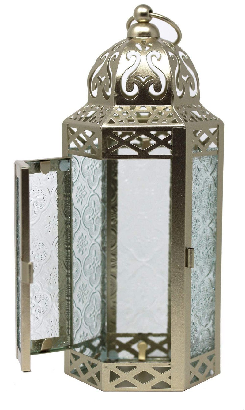 VELA LANTERNS 10.5" White Gold Moroccan Candle Lantern Decorative Candle Holder Lamp for Table or Hanging, Ramadan Decorations, Indoor Home Decor, Outdoor Patio or Porch, Weddings, Medium - Image 4